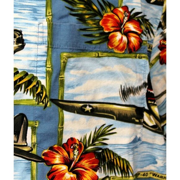 Kalaheo Blue Hawaiian Shirt Planes Bomber Jets Flowers Men's 2XL WW2 WWII - Picture 4 of 11
